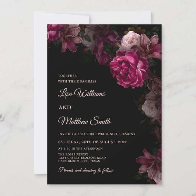 Invitación de boda acrílica floral oscura transpar (Anverso)