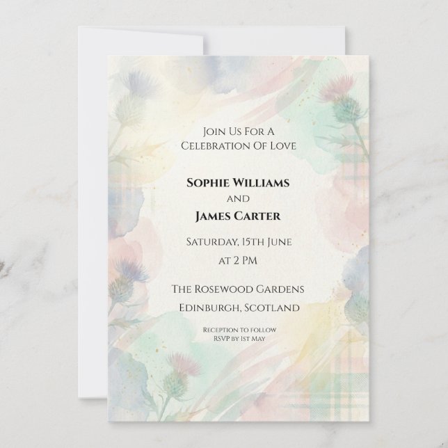 Invitación de boda acuarela arcoíris pastel (Anverso)