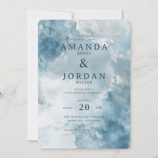 Invitación de boda acuarela azul serena (Anverso)