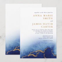 Invitación de boda acuarela azul y dorado moderna