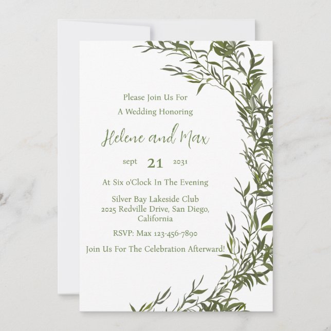 Invitación de boda acuarela boho verde (Anverso)