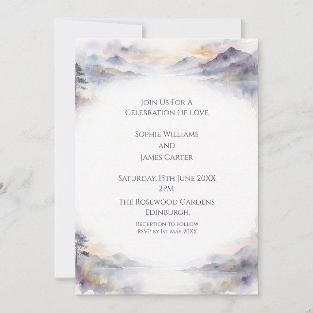 Invitación de boda acuarela brumosa (Anverso)