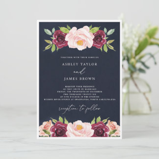 Invitación de boda acuarela burgundy Navy
