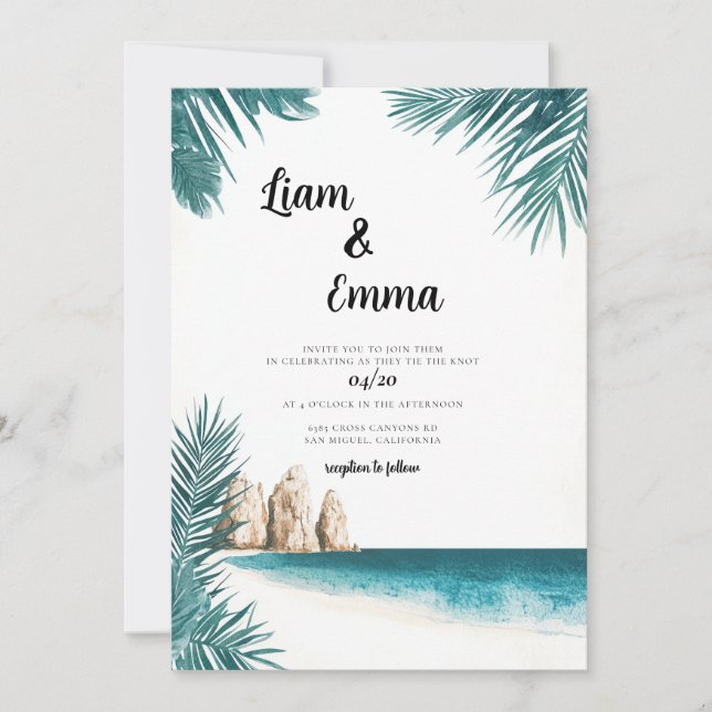 Invitación de boda acuarela Cabo México (Anverso)