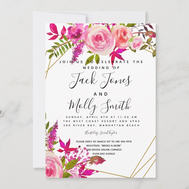 Invitación de boda acuarela con rosas melocotón ro (Anverso)