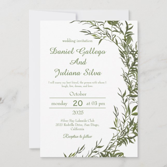 Invitación de boda acuarela con vegetación (Anverso)