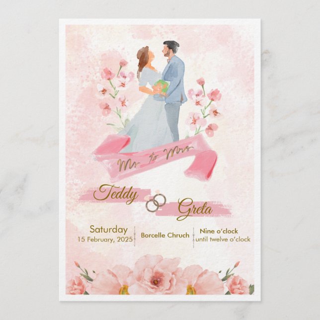 Invitación de boda acuarela crema rosa (Anverso)