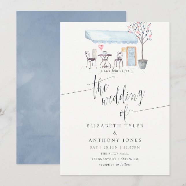 Invitación de boda acuarela de Café París (Anverso / Reverso)