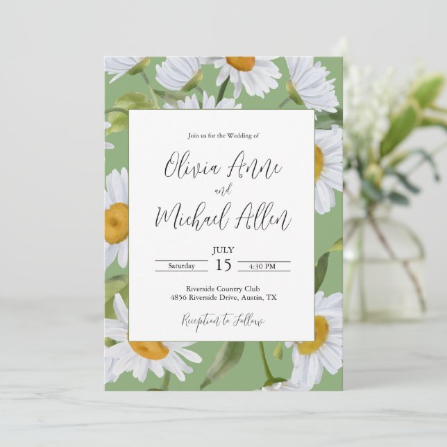 Invitación de boda acuarela de margaritas blancas  (Anverso de pie)