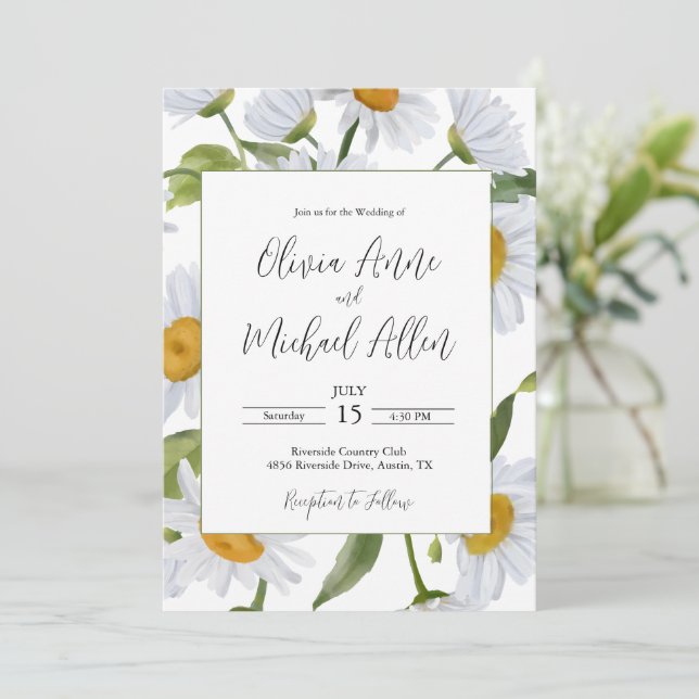 Invitación de boda acuarela de margaritas blancas (Anverso de pie)