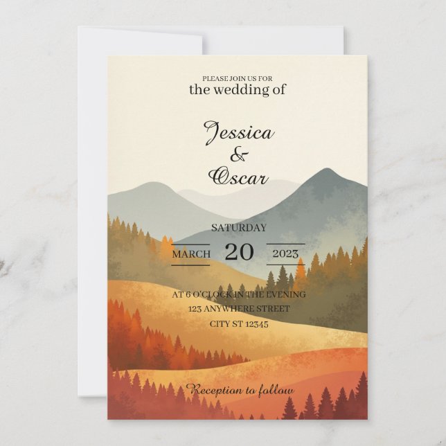 Invitación de boda acuarela de montaña de otoño (Anverso)