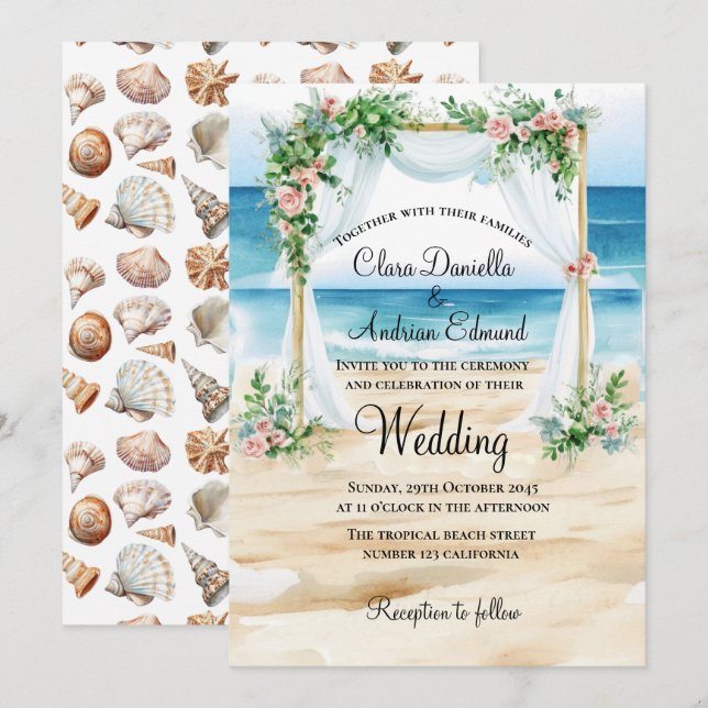 Invitación de boda acuarela de playa  (Anverso / Reverso)