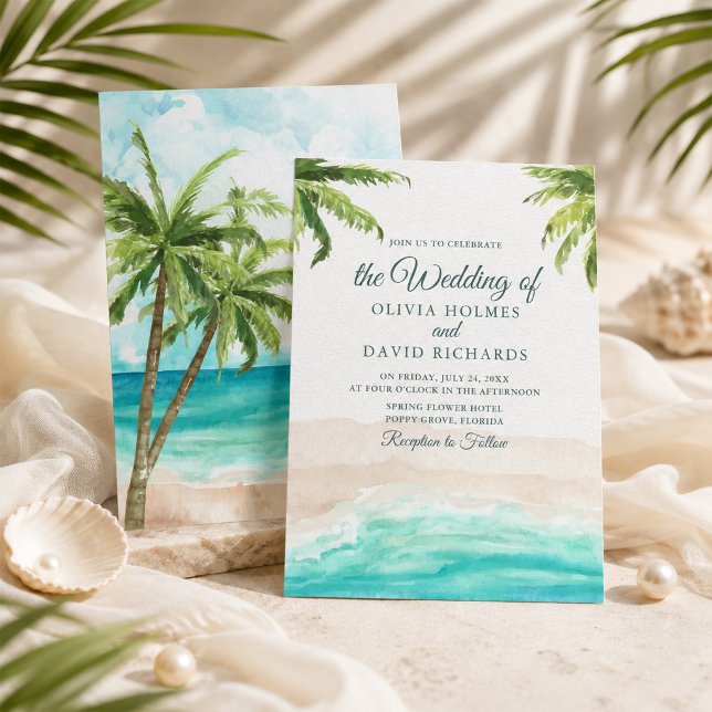 Invitación de boda acuarela de playa tropical y pa (Watercolor Tropical Beach and Palm Trees Wedding Invitation)