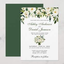 Invitación de boda acuarela floral verde y blanco 