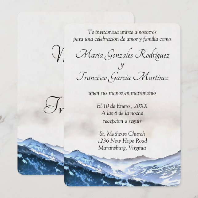 Invitación de Boda Acuarela Montaña Brumosa Azul (Anverso / Reverso)