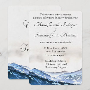 Invitación de Boda Acuarela Montaña Brumosa Azul