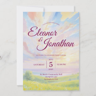 Invitación de boda acuarela puesta de sol belleza