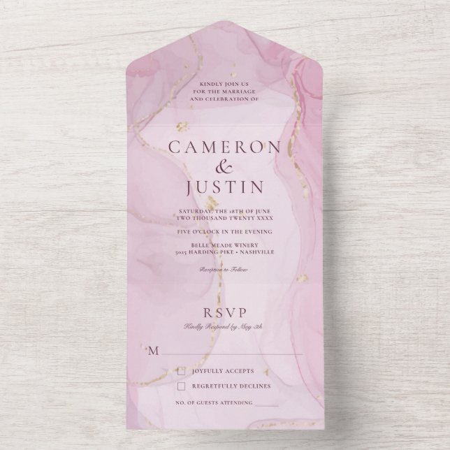 Invitación de boda acuarela rosa dorado todo en un (Interior)