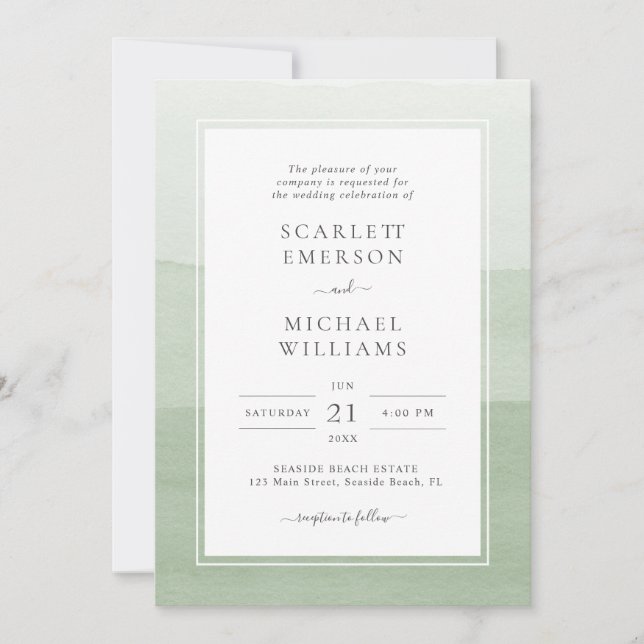 Invitación de boda acuarela Sage Moderna (Anverso)