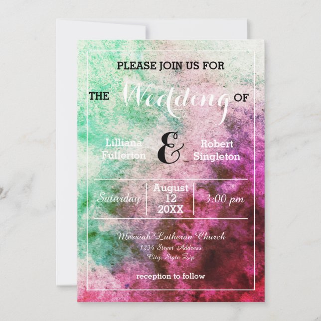 Invitación de boda - Acuarela verde/rosa (Anverso)