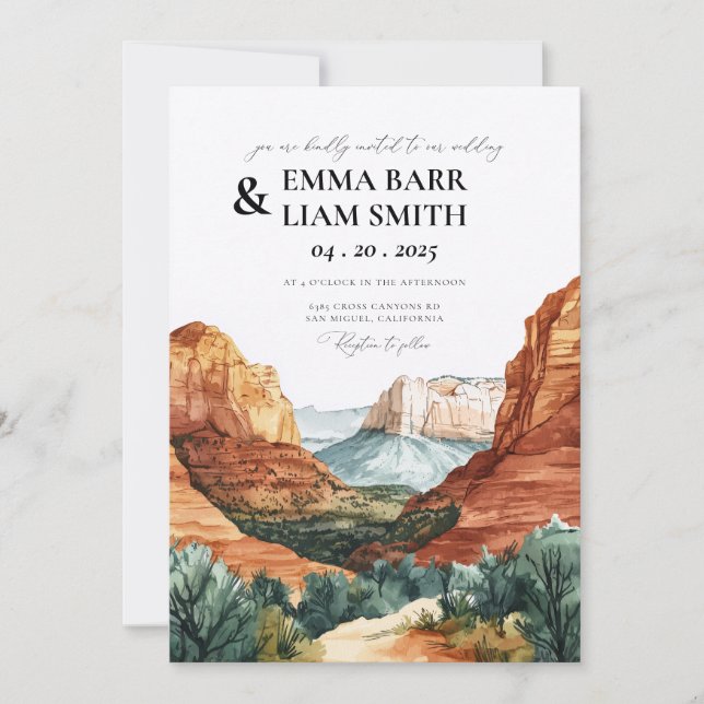 Invitación de boda acuarela Zion National Park (Anverso)
