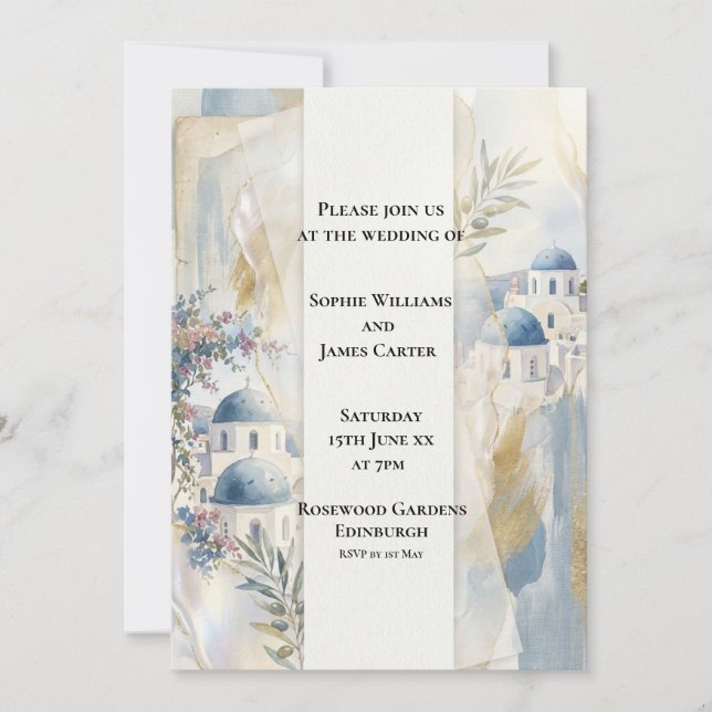 Invitación de boda Aegean Blue Santorini (Anverso)