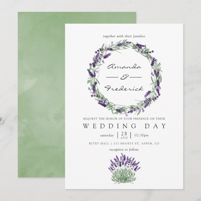 Invitación de boda al agua con lavanda (Anverso / Reverso)