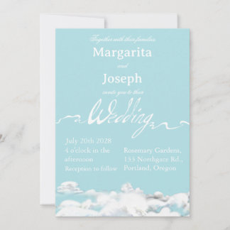 Invitación de boda al aire libre, cielo azul y nub