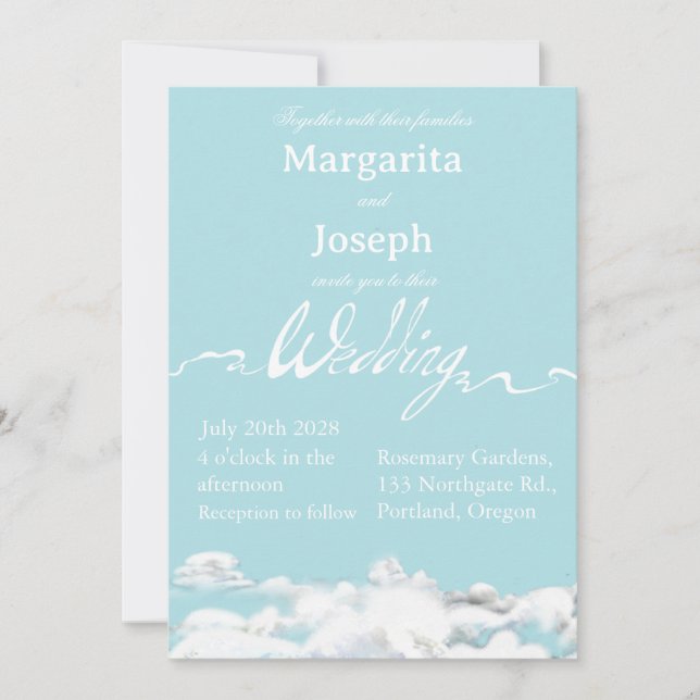 Invitación de boda al aire libre, cielo azul y nub (Anverso)
