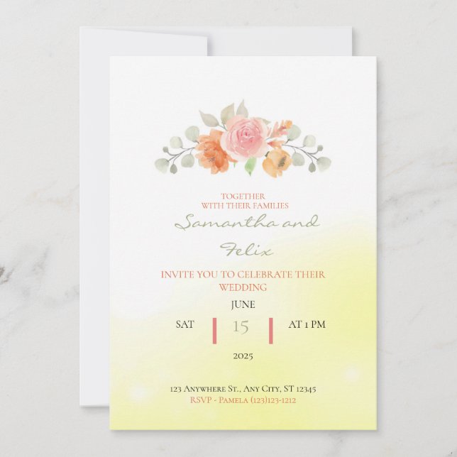 Invitación de boda amarilla abstracta con rosas (Anverso)