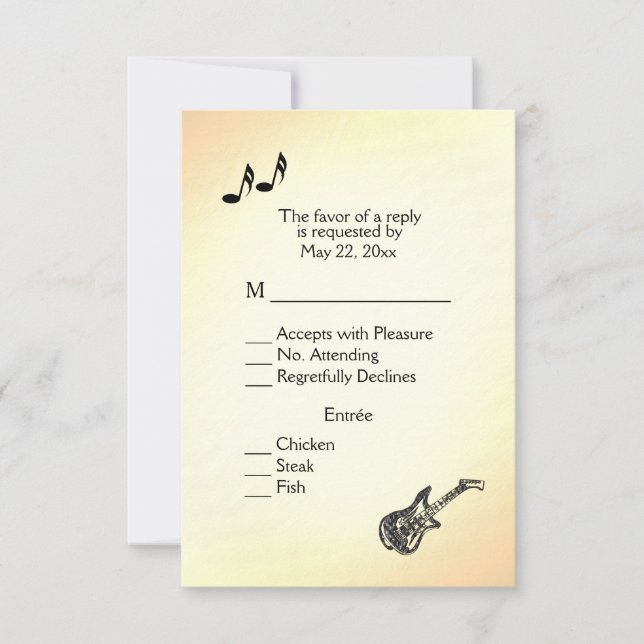 Invitación de boda amarilla con tema de guitarra   (Anverso)