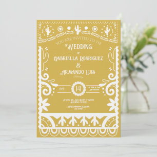 Invitación de boda amarilla mostaza y blanca con P