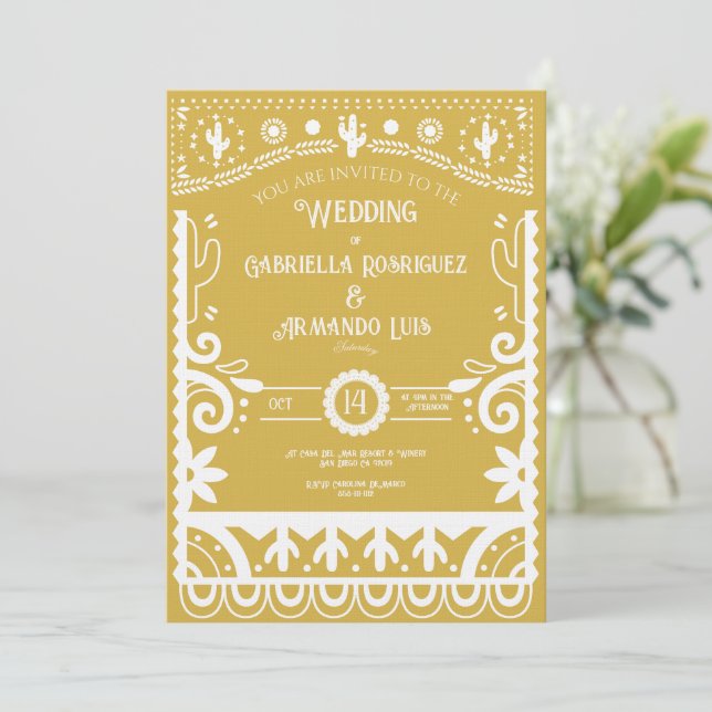 Invitación de boda amarilla mostaza y blanca con P (Anverso de pie)