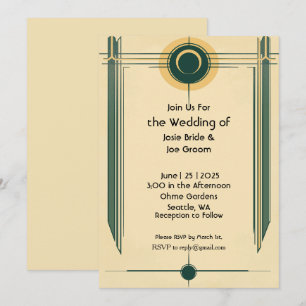 Invitación de boda amarilla verde art déco