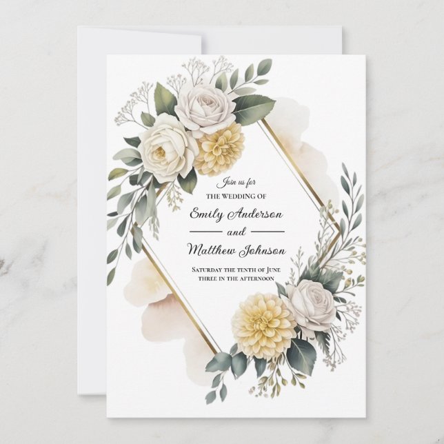 Invitación de boda amarilla y dorada (Anverso)