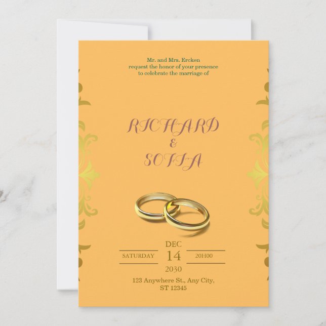 Invitación de boda amarilla y naranja profesional (Anverso)