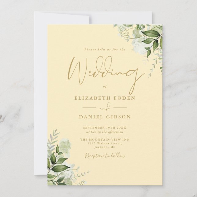 Invitación de Boda Amarillo Botón de Oro y Verde Q (Anverso)