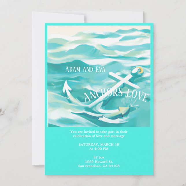 Invitación de boda Ancla de amor en un tema marino (Anverso)