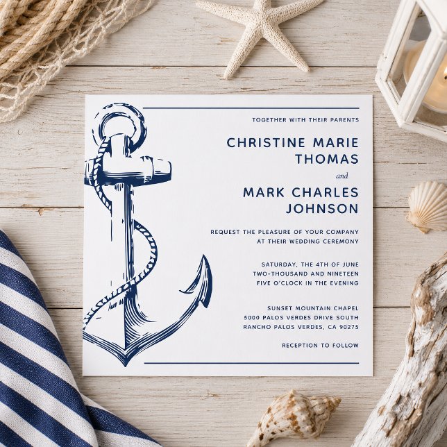 Invitación de boda ancla de barco náutico blanco (Tie the knot with this nautical sketch anchor wedding square invitation.)