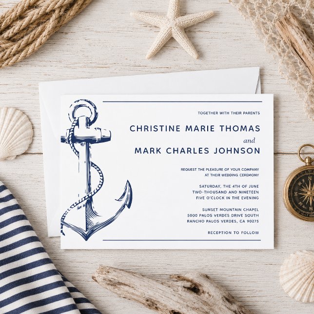 Invitación de boda ancla de barco náutico blanco (Tie the knot with this navy nautical sketch anchor wedding invitation.)