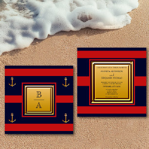Invitación de boda ancla rayas azul marino rojo ná
