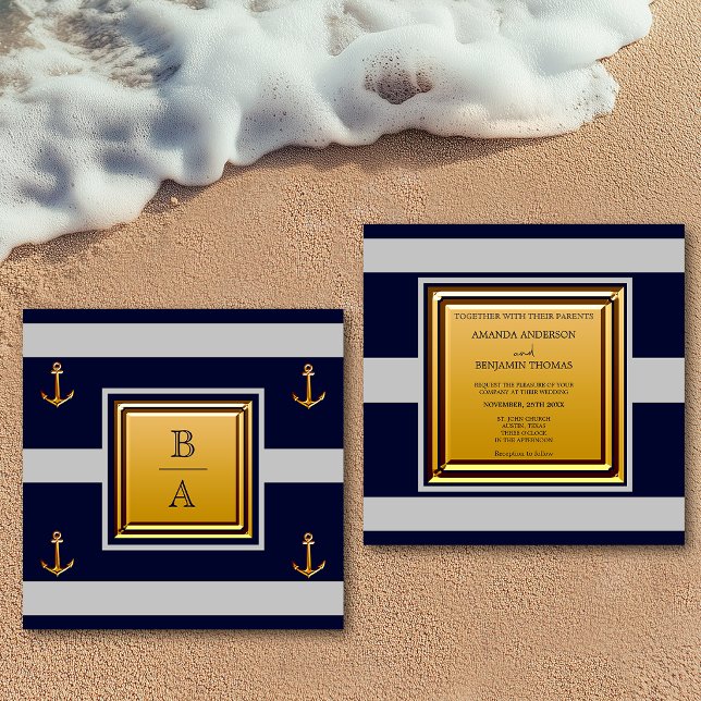 Invitación de boda Ancla Rayas Gris Azul Marítimo (Subido por el creador)