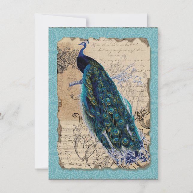 Invitación de Boda Antigua de Pavón 5x7 Vintage (Anverso)