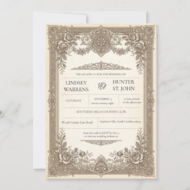 Invitación de boda antigua vintage (Anverso)