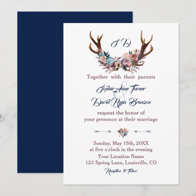 Invitación de boda | Antlers Floral rosa azul turb (Anverso / Reverso)