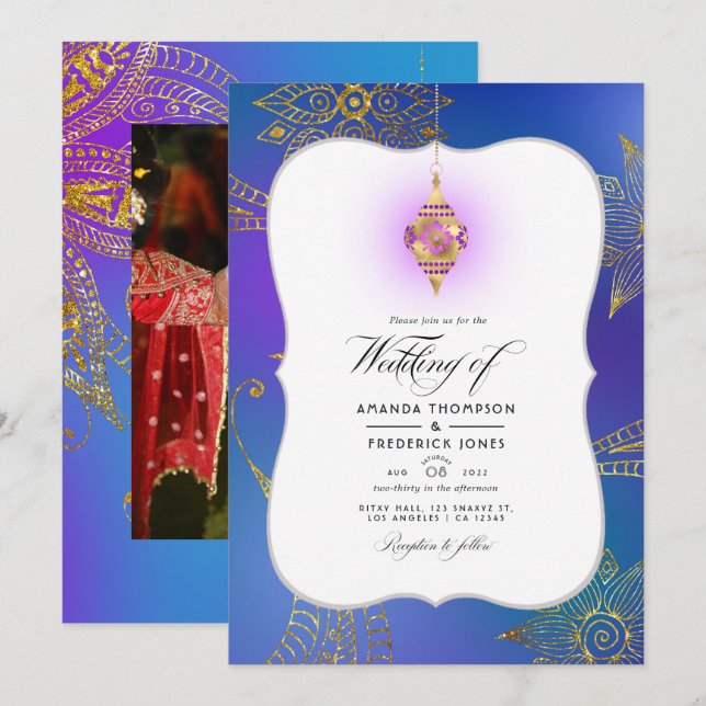 Invitación de boda árabe Bollywood con lámina de o (Anverso / Reverso)