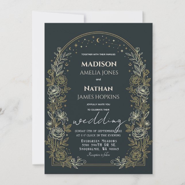 Invitación de Boda Arco Celestial con Marco Dorado (Anverso)