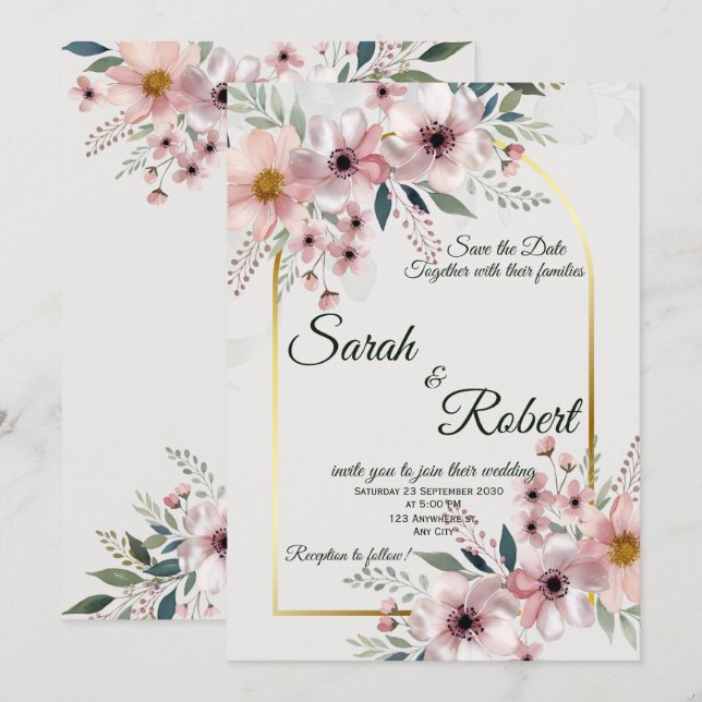 Invitación de Boda Arco Floral Rubor Romántico (Anverso / Reverso)
