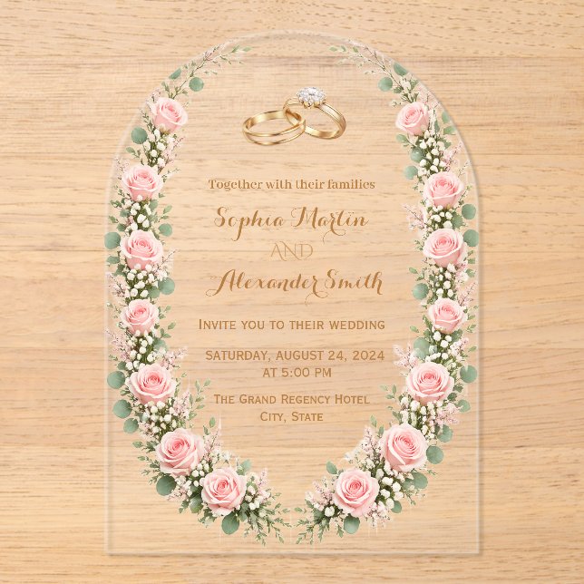 Invitación de Boda Arco Transparente con Rosas Ros (Anverso)