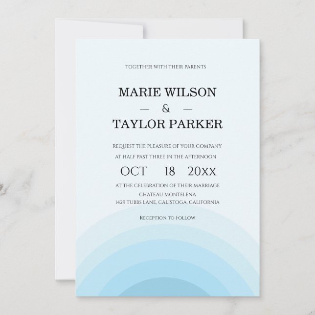 Invitación de boda Arcoíris azul acuarela (Anverso)